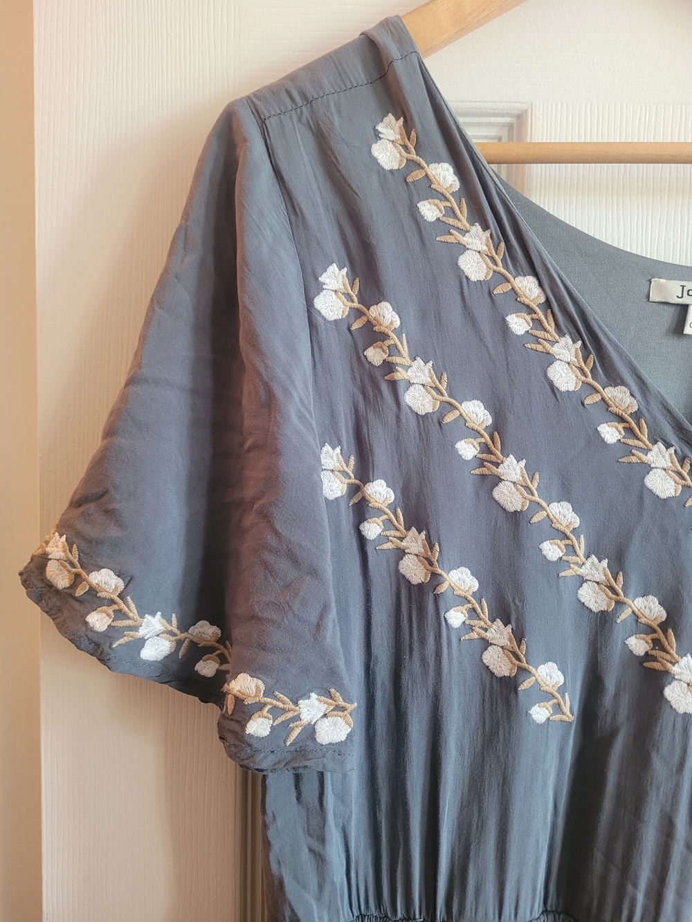 Embroidered V-Neck Flutter Sleeve Dress in Grey Blue